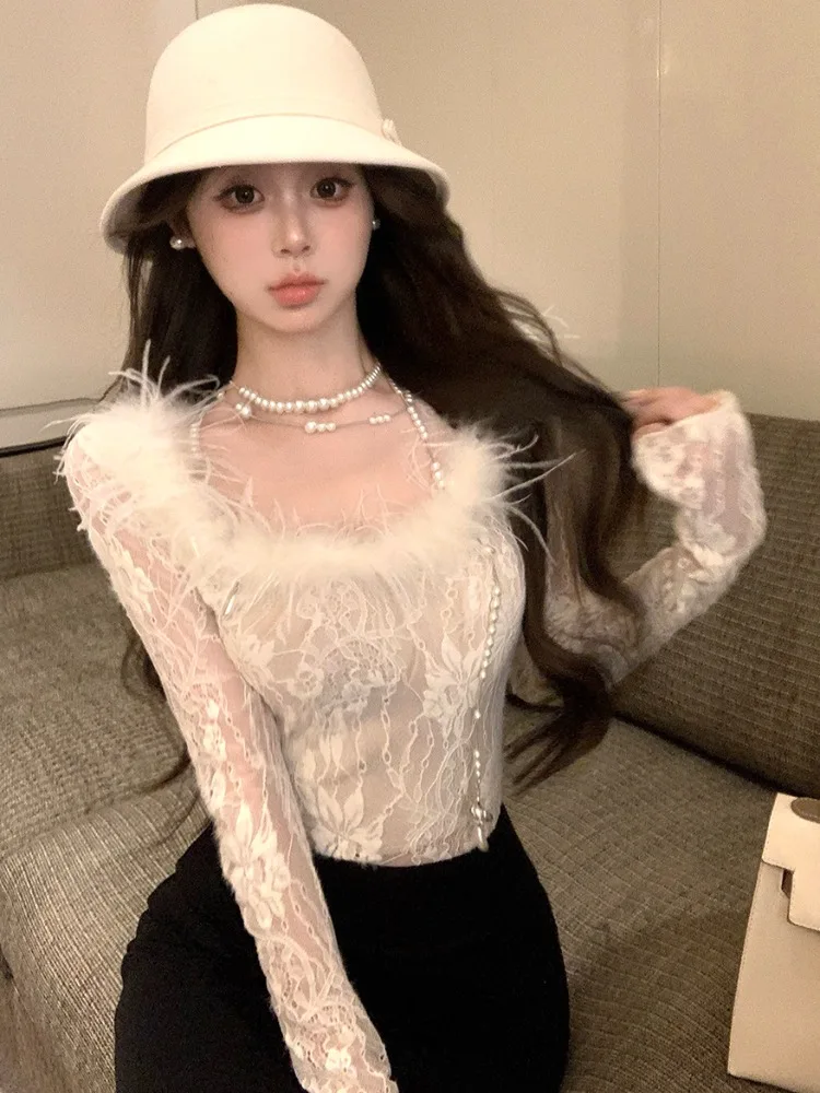 

Unique Pure Desire Spicy Girl Lace Long Sleeve Slim Fit Shirt Women's Design Sense Small Crowd Flared Cuff Base Layer Top
