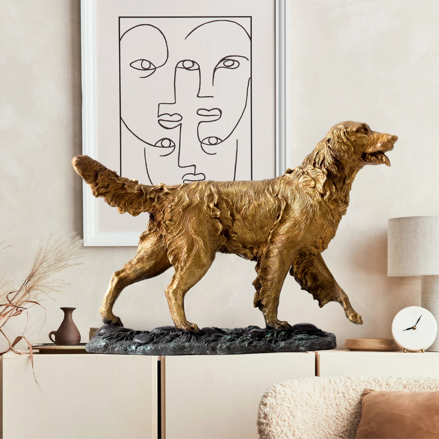 40cm Golden Retriever Bronze Sculpture Hot Casting Handmade Bronze Retriever Dog with Curly Fur Home Decoration Ornament Gift