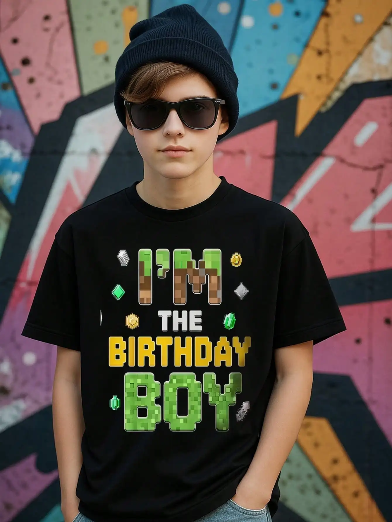 

Tween Boys Pixel Theme Cotton Graphic Tees, Black Casual Style Summer Tops With "I'm The Birthday Boy"