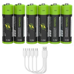 6PCS ZNTER-USB Rechargeable Lithium Polymer Battery, 1.5V AA, 1250mAh, Fast Charging via Micro USB Cable