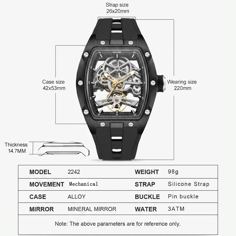 MEGIR Tonneau Skeleton Mechanical Watch for Men