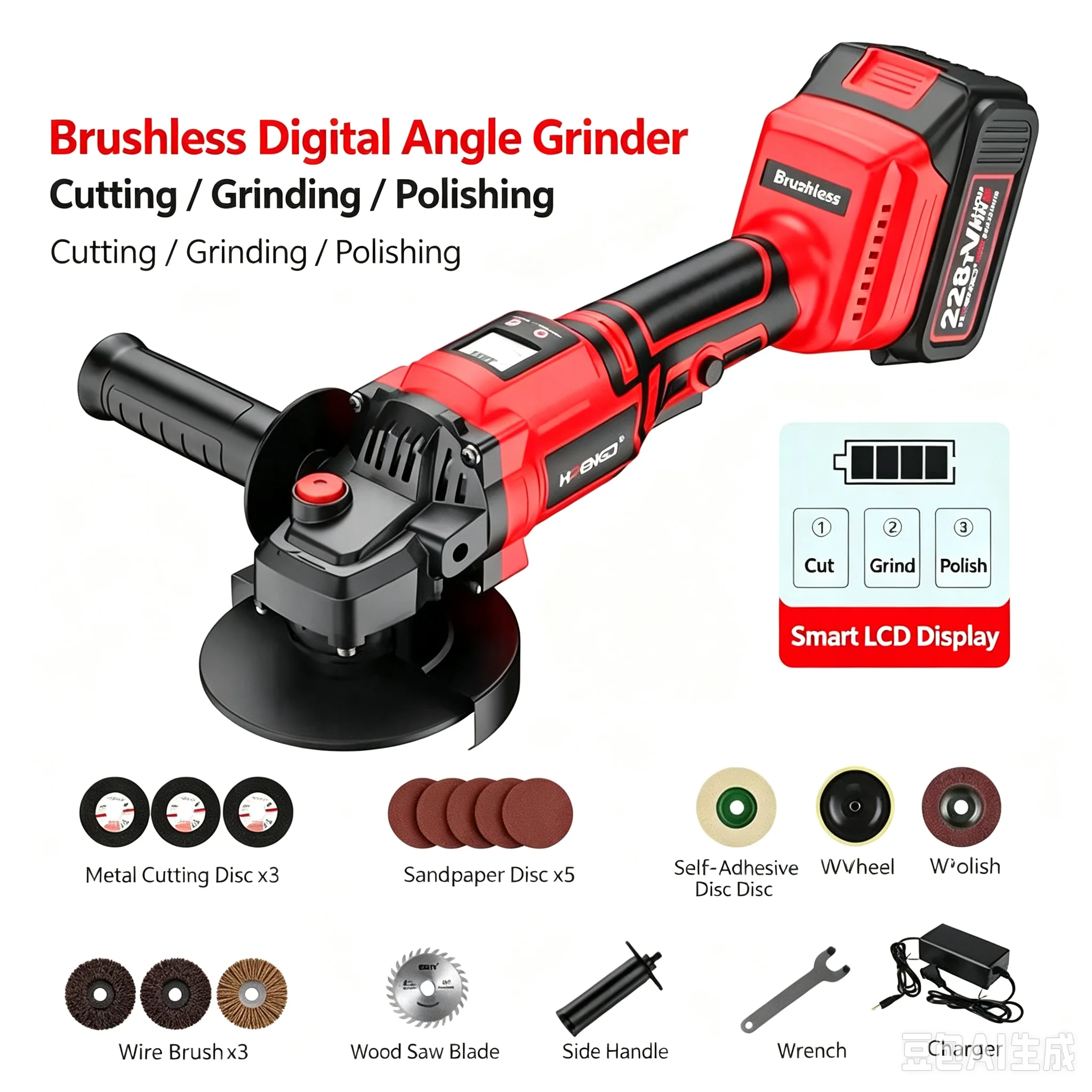 Cordless Angle Grinder 21V Brushless Digital Display Cut Grind Polish