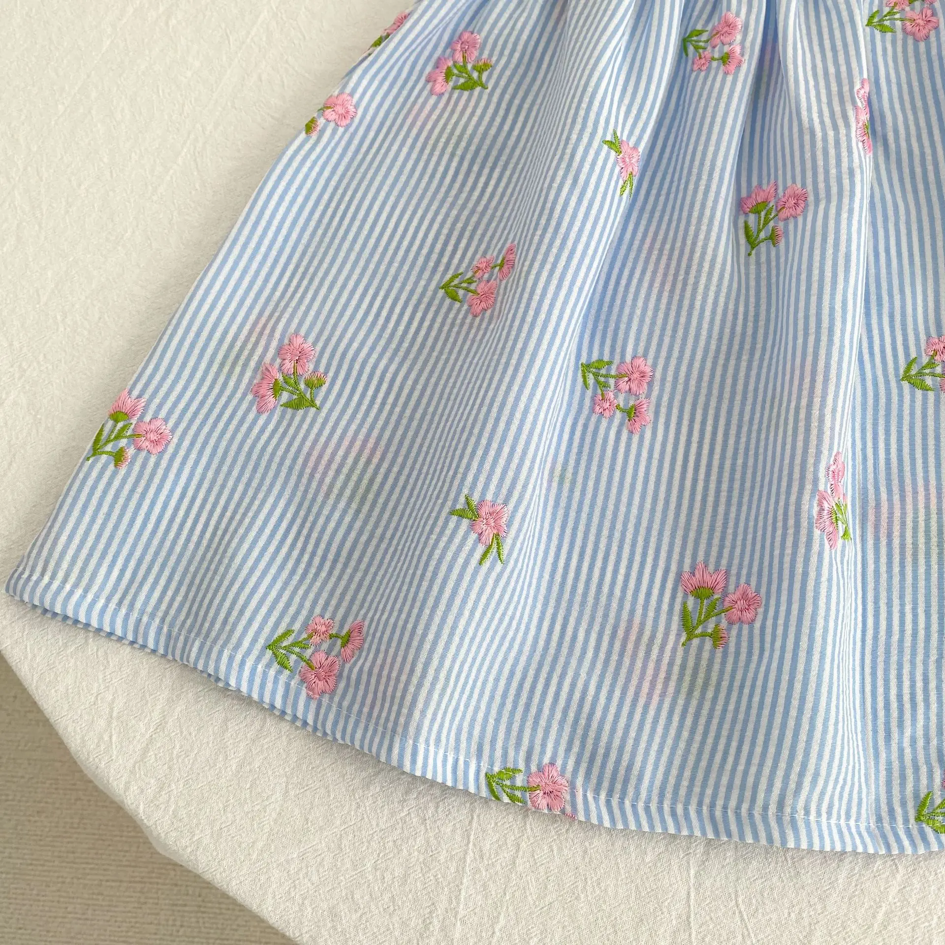 2026 New Summer 2-6Yrs Princess Round Neck Dress Striped Baby Girl Dress Flying Sleeve Cotton Embroidery Blue Sweet Dress