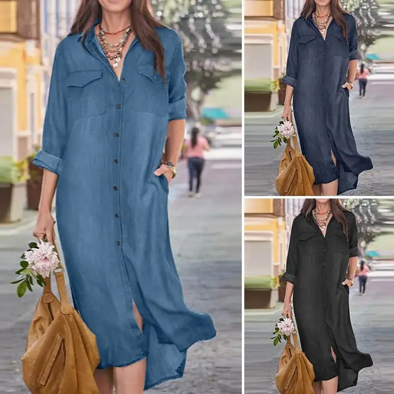 

Casual irt Collar Long Denim Skirt Women's mid Waist Basic Sle Summer Season Casual Scene Midi Dr