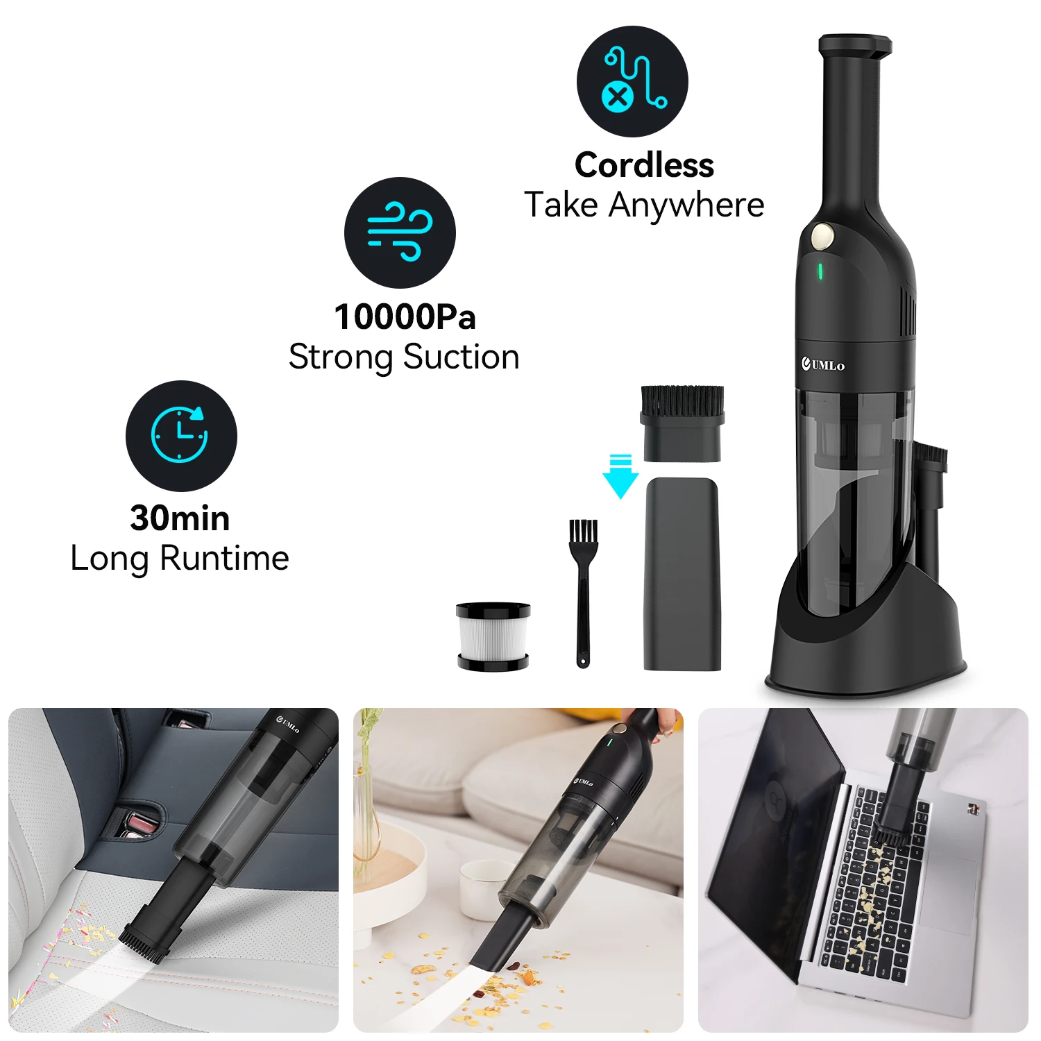 UMLo Small Handheld Vacuum, Rechargeable Car Vacuum Cleaner with 30 Mins Runtime, 10000Pa Portable Vacuum for Car Sofa Pet Hair