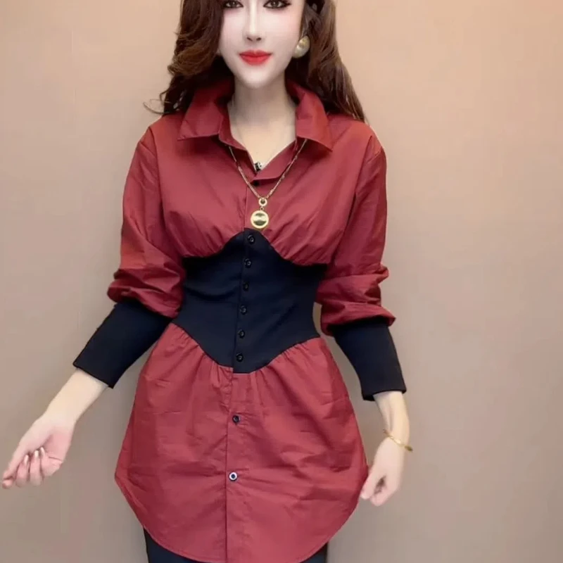 Korean Version New Fashionable Dress with Loose Stitching Autumn Early Autumn Slimming Temperament Western-style Shirt Skirt