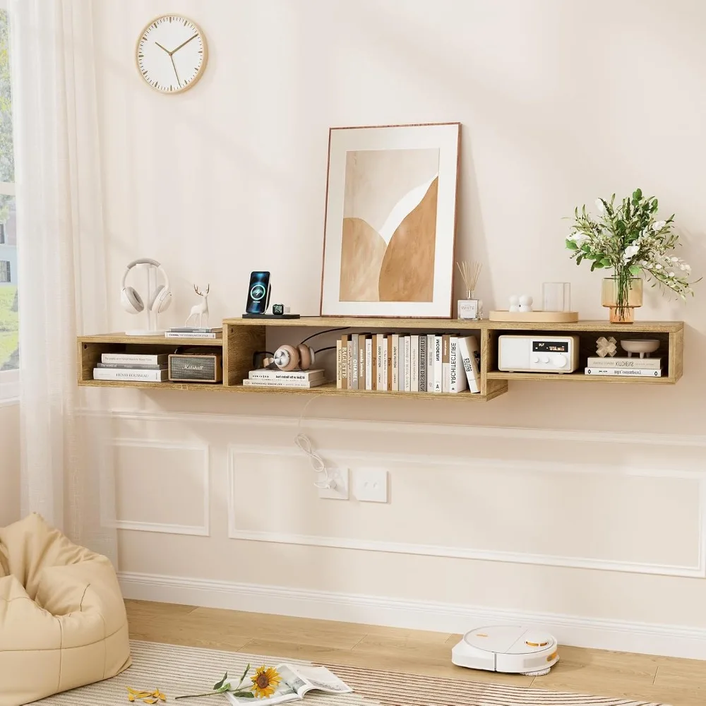 حامل تلفزيون عائم بإضاءة LED مقاس 71 بوصة مع مخرج طاقة ورف تخزين لأجهزة التلفاز المثبتة على الحائط ووحدات الوسائط والترفيه #4