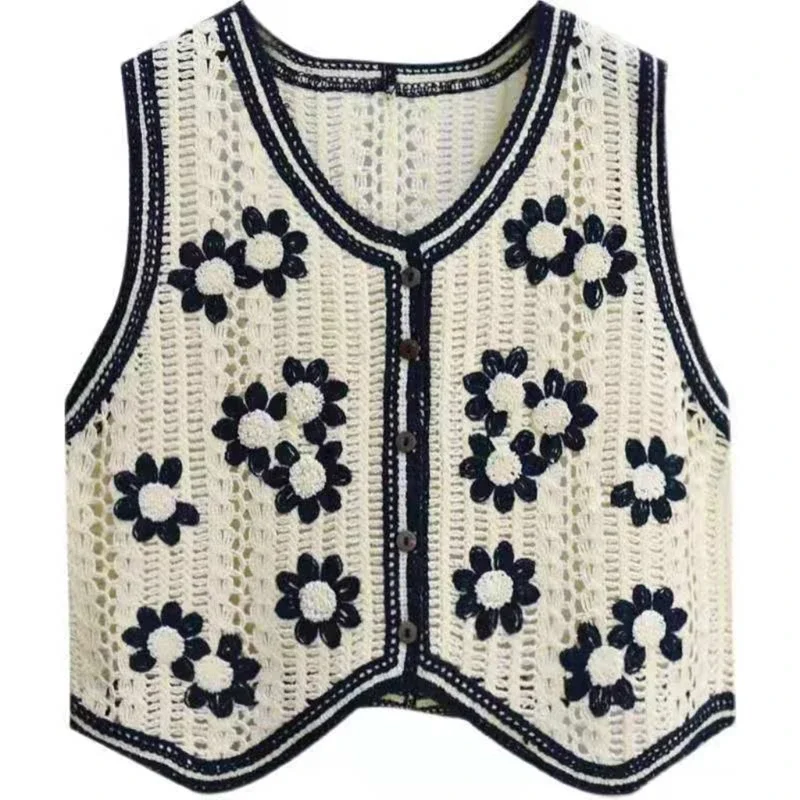 BSDFFO Women Crochet Knit Vest Waistcoat Vintage Colorful Floral Pattern Sleeveless Cardigan for Jacket Hippie V-Neck Crop