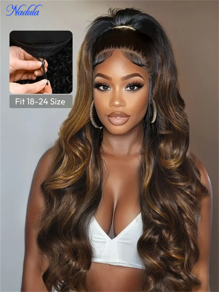 Nadula Balayage Brown Drawstring Glueless Wig with Curtain Bangs Loose Wave 7x5 Pre Cut HD Transparent Lace Pre Bleached Tiny Knots Human Hair Wig Ready to Wear Density 180% Suitable for All Heads Size 30 Days No Reason Free Local Return