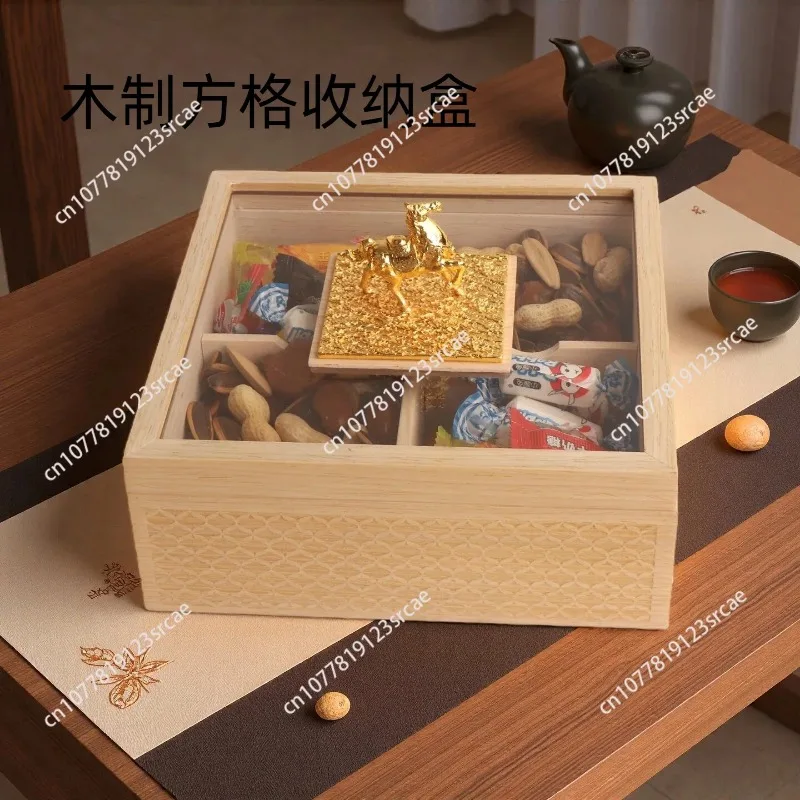 Compartmentalized Solid Wood Storage Box With Lid For Dried Fruit And Snacks, Style Household Snack Container Suitable