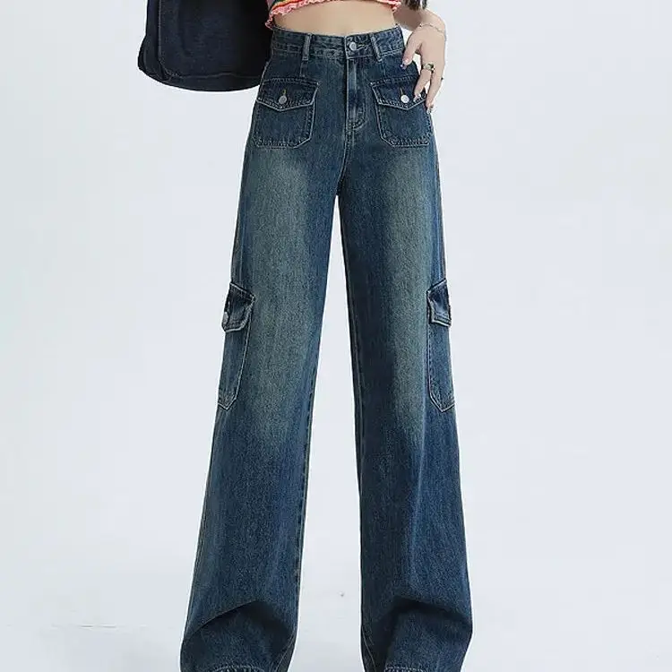 

Cargo Jeans Multi-Pocket High-Waisted Design American Retro Women'S Slim Straight Wide-Leg Loose Floor-Length Trousers