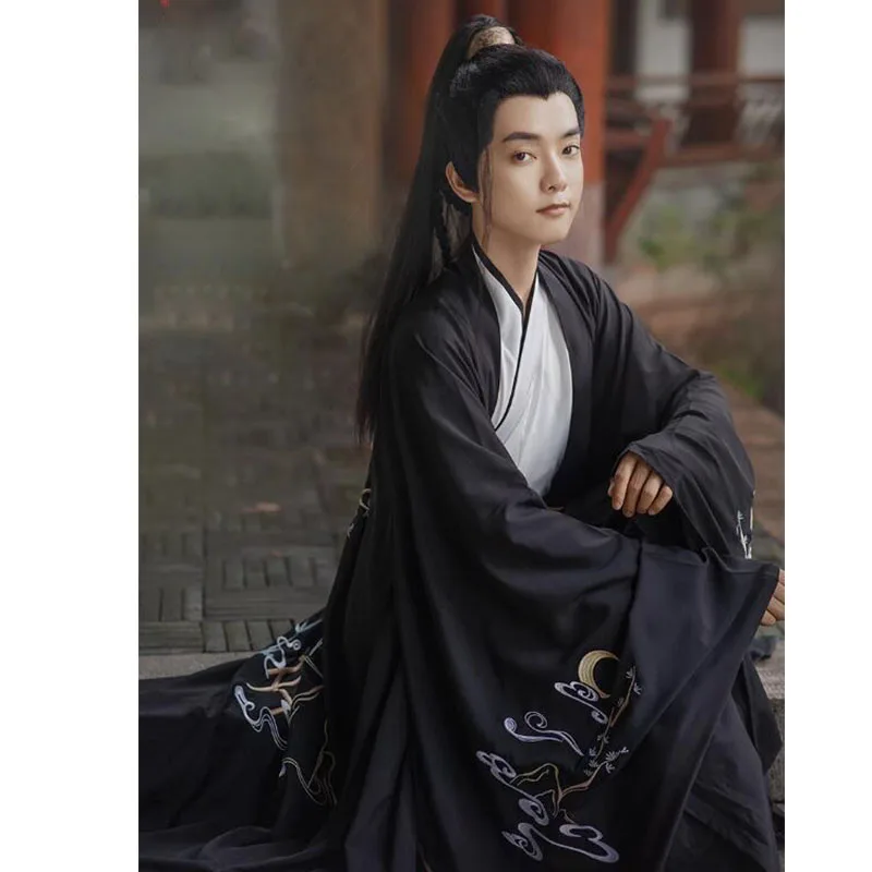 

Китайский ханьфу для мужчин, классический черный костюм династии Weijin с вышивкой Wuxia, сказочный костюм для студентов колледжа