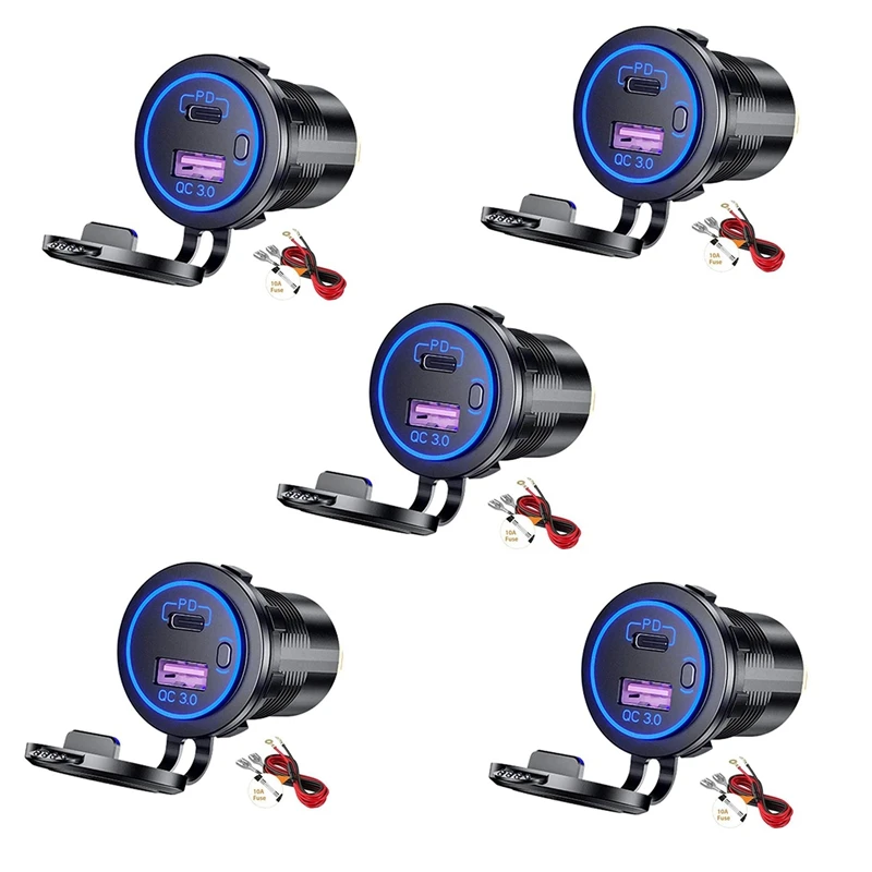 5X PD Type C USB Car Charger And QC 3.0 Quick Charger 12V Power Outlet Socket With ON/Off Switch Blue