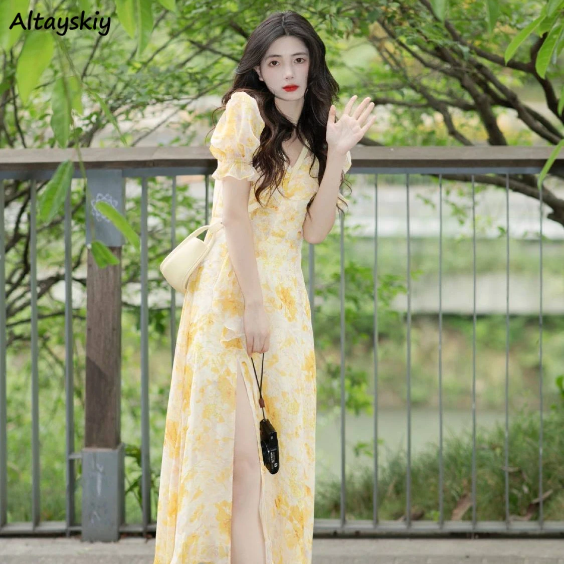 Dresses Women Yellow Floral Printed Puff Sleeve Bodycon Midi French Style Age-reducing Summer Chic Holiday Casual Temperament