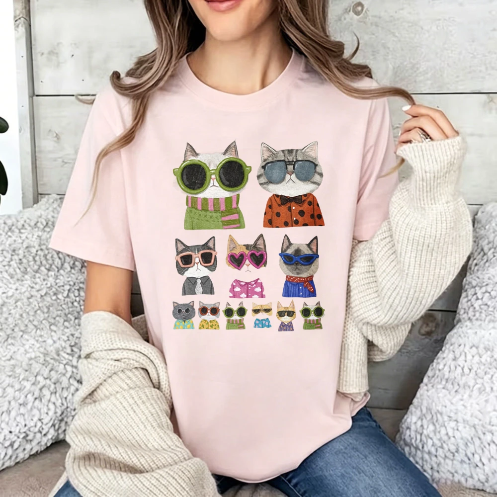 Cool Sunglasses Cat Collage Graphic Cotton T Shirt Cute Multiple Kitten Portrait Print Casual Tee for Cat Lover Teen Girls