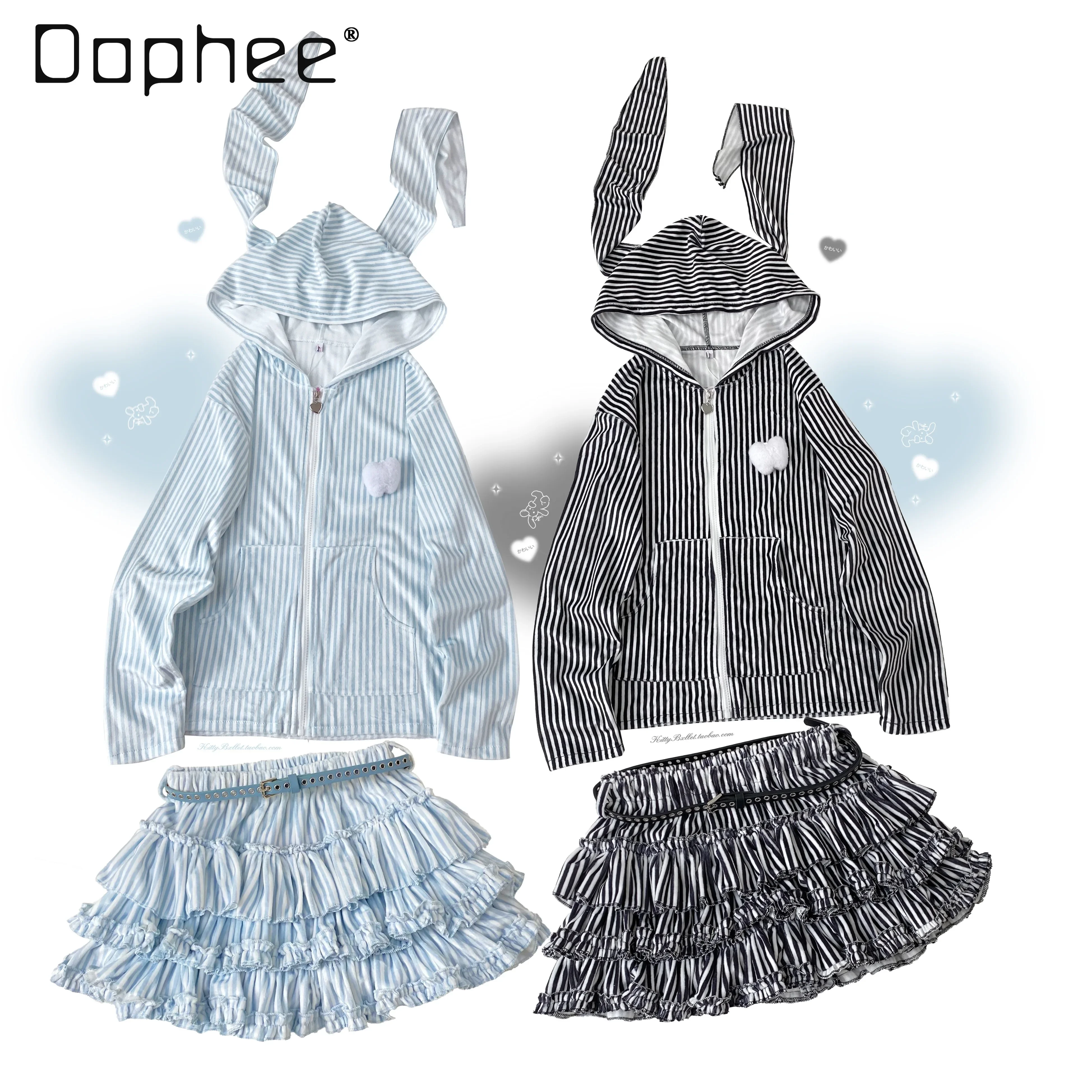 Listrado coelho hoodies harajuku 2 peça define manga longa com zíper cardigan + cintura elástica bolo puff saias meninas kawaii y2k