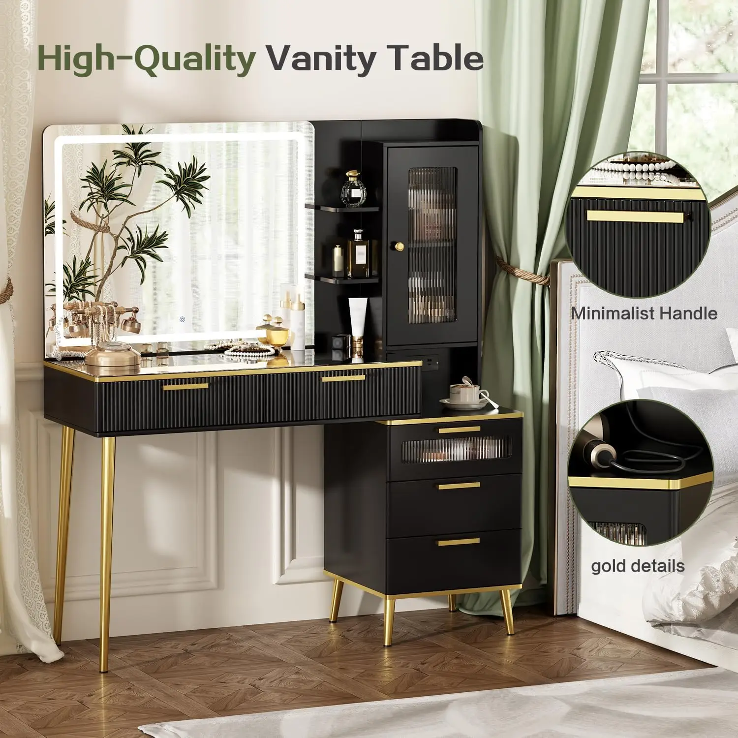 Modern Vanity Desk with Mirror, Lights, 5 Drawers, Storage Shelves & Power Outlet, Black