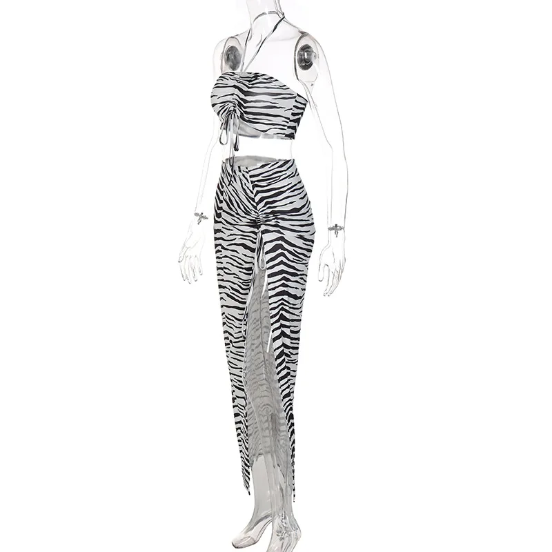 European and American hot summer suit fashion printing sexy neck wrap chest slit rope skirt two sets17
