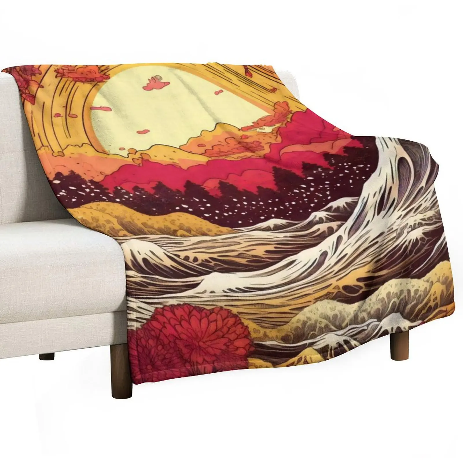 Japanese Japan Wood Block Sunset Okiyo-e Garden Flowers Landscape Throw Blanket Moving Shaggy Loose Cute halloween Blankets
