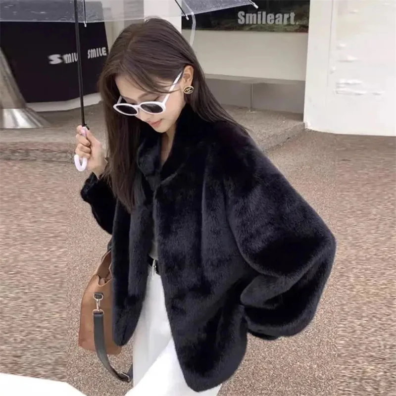 Nertsenbont Eendelige opstaande kraag bontjas voor jonge vrouwen Nertsen kort 2025, wintervrouw effen kleur Milieuvriendelijke losse bontjas