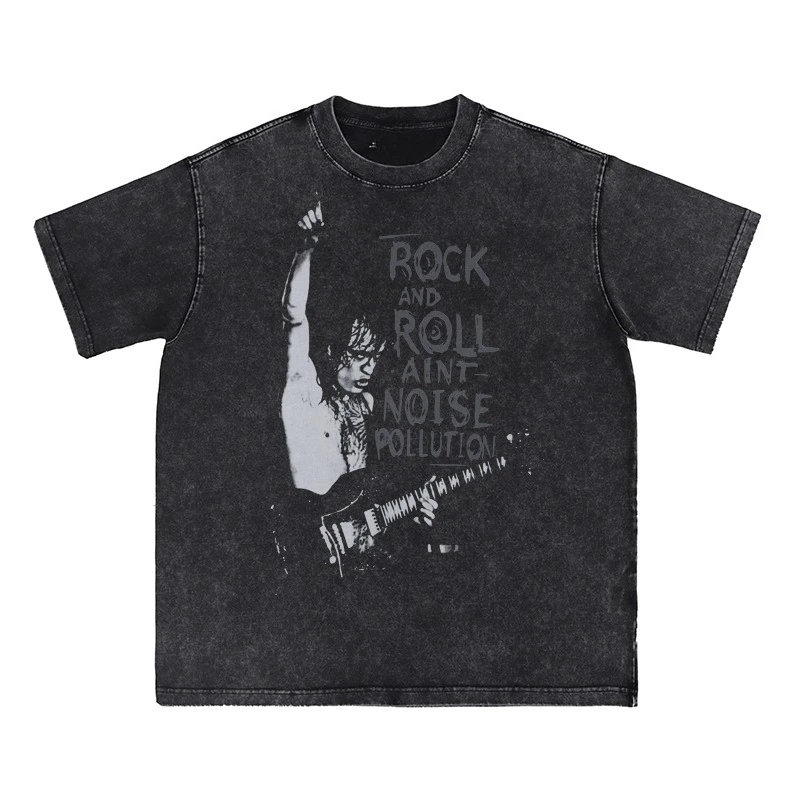

AC/DC Washed and Aged Digital Direct Printing Retro American Street Hip-hop Punk Rock Printed Band Short-sleeved T-shirt