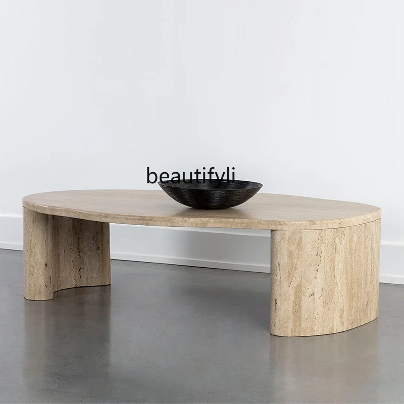 

Natural travertine coffee table household small apartment living room sofa coffee table light luxury wabi sabi wind coffee table