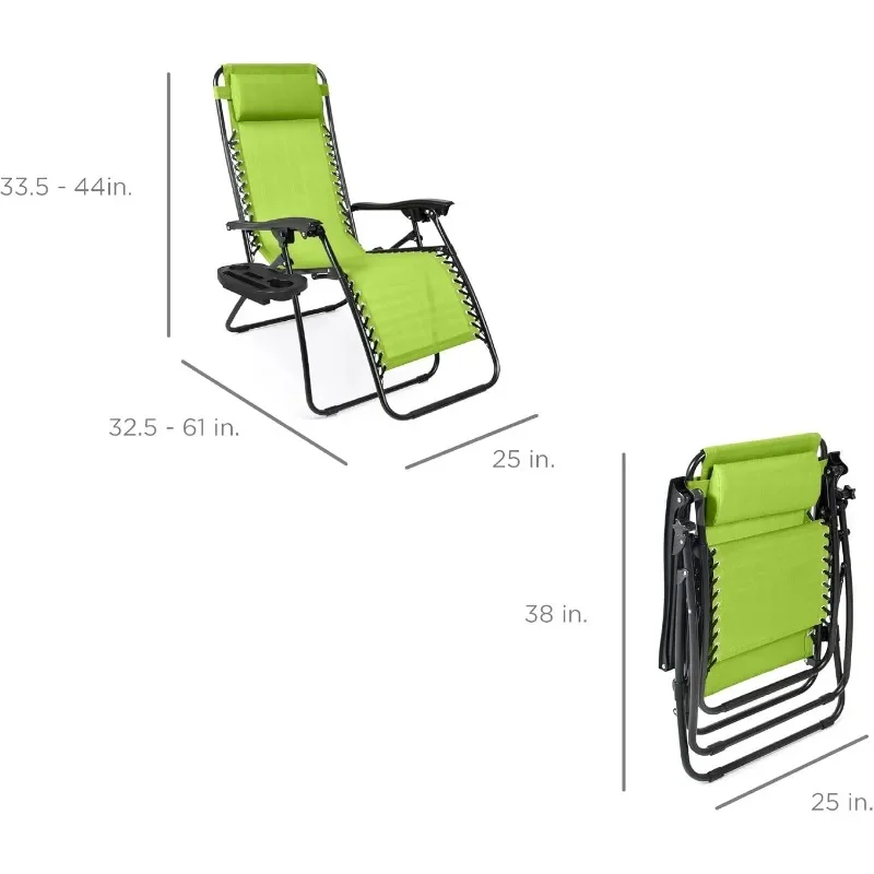 Best Choice Products Set of 2 Adjustable Steel Mesh Zero Gravity Lounge Chair Recliners w/Pillows and Cup Holder Trays -Green