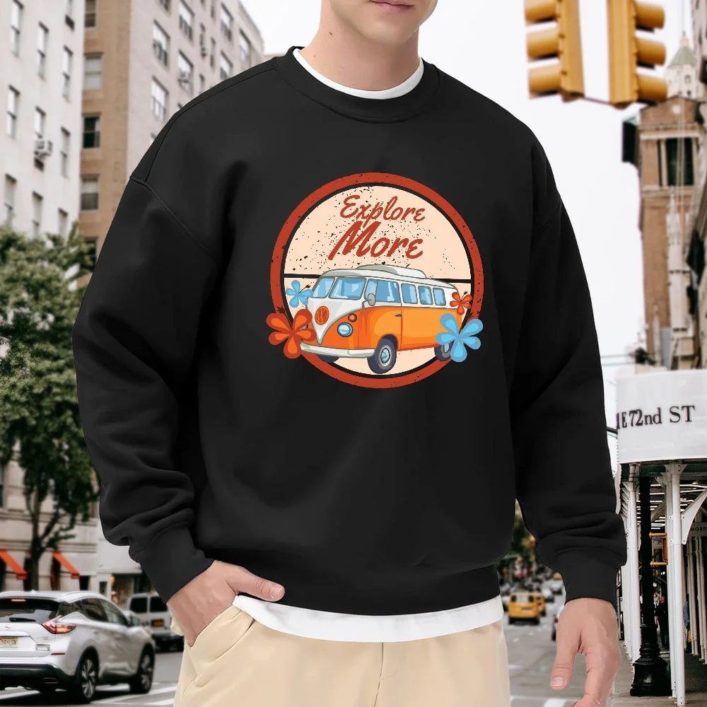 

Men's Black Crew Neck Pullover Sweatshirt with Vintage Bus Print Pattern, Loose Casual Top, Versatile for Everyday Street Wear, Comfortable and Soft Trendy Item