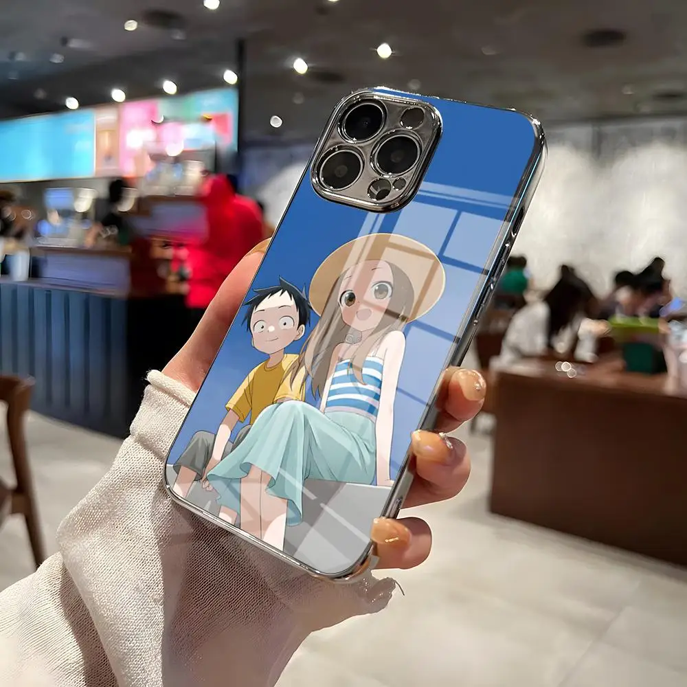 Чехол для телефона Karakai Jozu No Takagi San для iPhone 17 Pro Max 15 Pro 16 14 Plus 12 13 Mini 11 Pro, противоударный, с гальваническим покрытием, из стекла