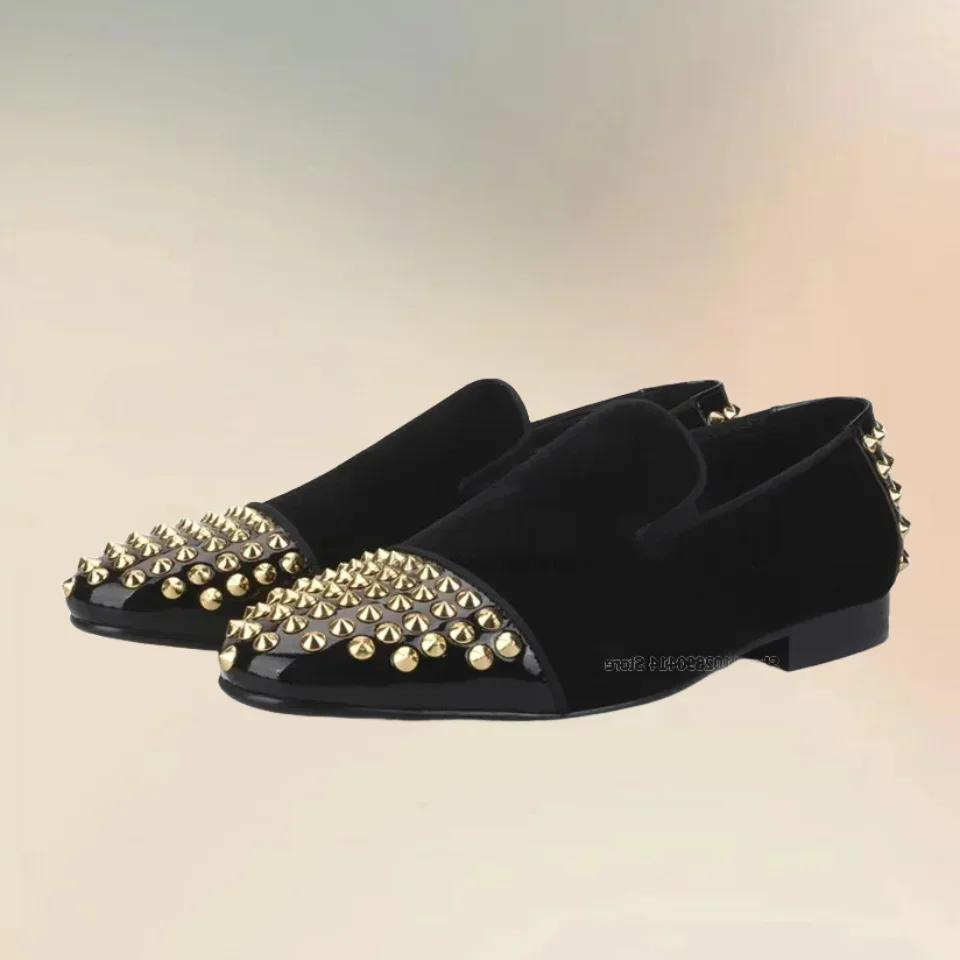 

Front and Rear Rivets Decor Black Velvet Loafers Fashionable High Quality Slip On Men Shoes Novel Handmade Low Top Casual Shoes