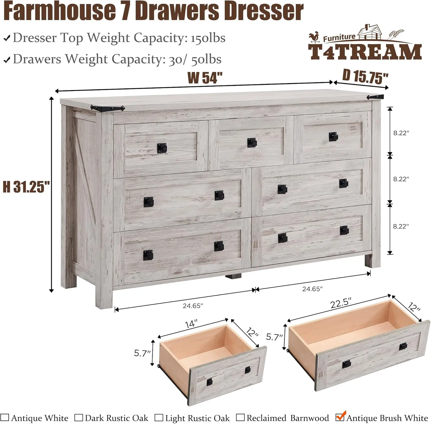 T4TREAM Farmhouse 7-drawer Bedroom Dressing Table, TV Desk, Storage Organizer for Bedroom, Living Room, and Corridor