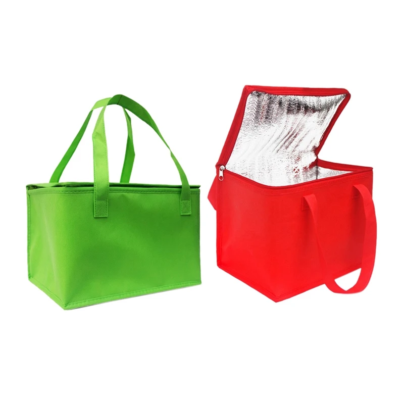 2X Foldable Large Cooler Bag Portable Food Cake Insulated Bag Aluminum Foil Thermal Box Waterproof Green & Red