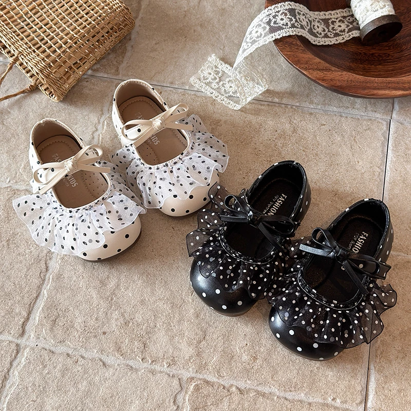 Kid's Shoes Girls' Korean Style Leather Shoes with Sweet Lace Bowknot Soft Sole Anti-Slip Princess Fashion Children's Shoes