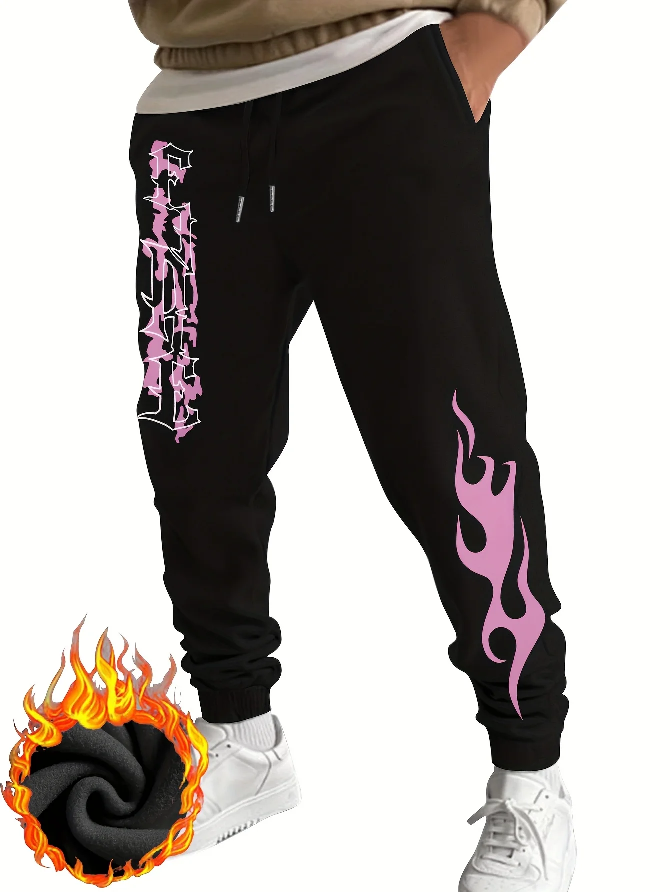Retro‑goth flame‑ornament vertical‑text print trendy street‑style dual‑side print sweatpants men hip hop sports jogger trousers
