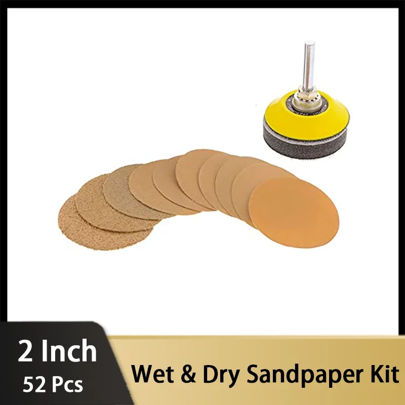 2 Inch Gold Hook & Loop Sanding Paper Kit 52 Pcs Variety 60-1000 Grit with Drill Backing Pad for Automotive Woodworking Metal