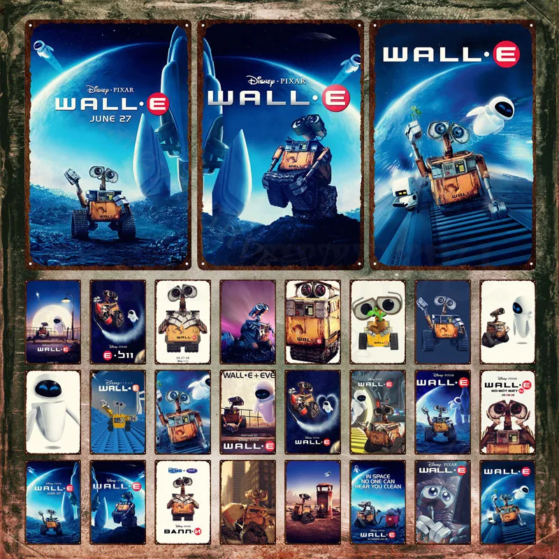 Disney Walle Tin Signs Cleaning Robot Wall-E Falls In Love with Robot Eva Cartoon Plaque Wall Stickers Plate for Kids Room Decor