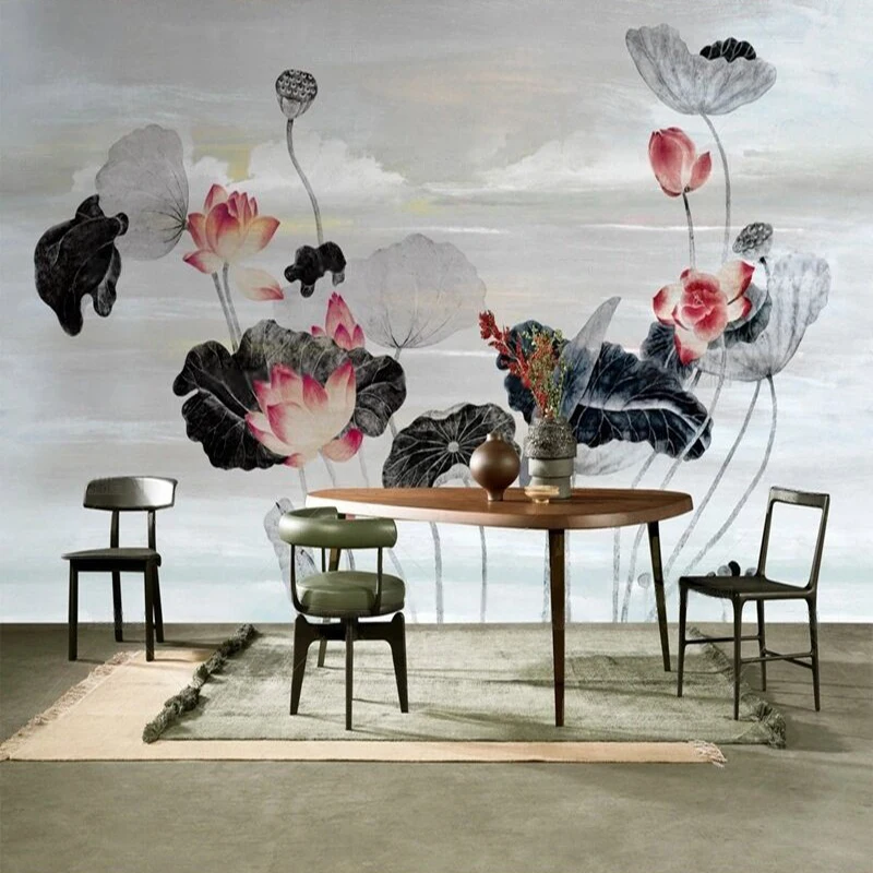 Modern simple and high-end ink-wash lotus light color picture TV luxury home decoration bedroom background wall