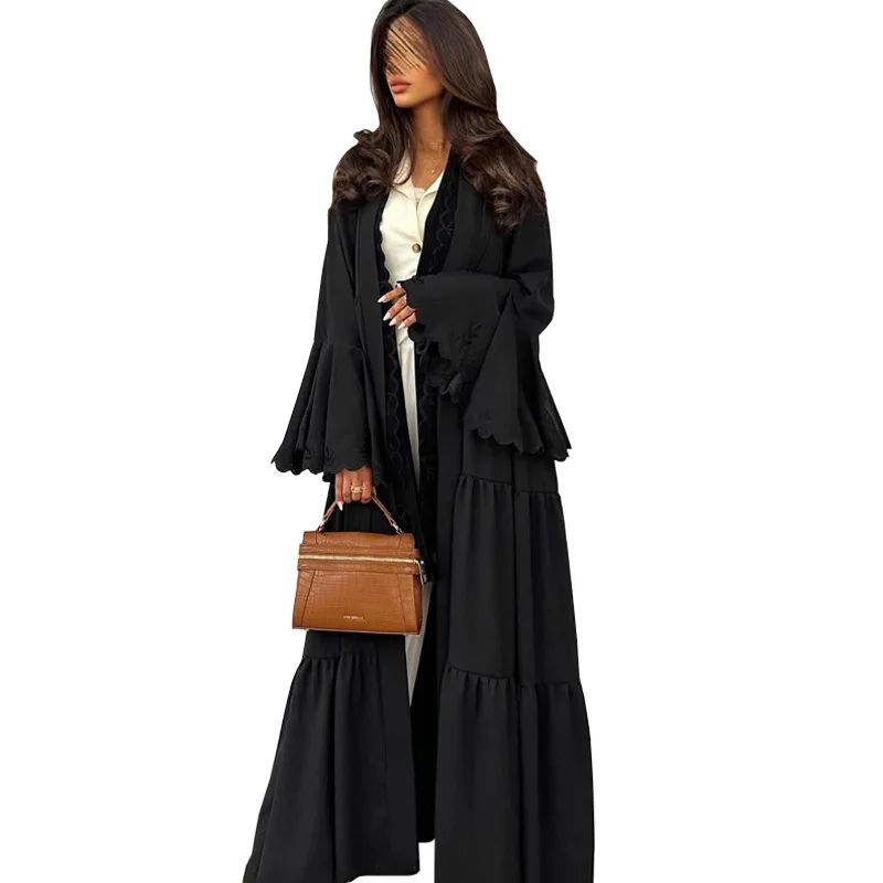 Moda feminina muçulmana mangas de chifre cor sólida bordado grande balanço robe dubai verão novo incluindo lenço cw31528