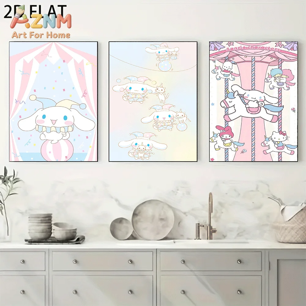 AZNM Cinnamoroll Canvas Wall Art Unframed Cute Cartoon Print Poster Circus Tent Carousel Unicorn Kitty My Melody Pastel Color De