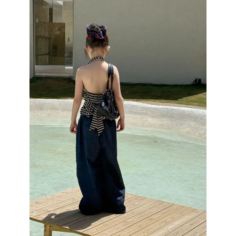

Children's suit2025Summer New Girls' Halter Striped BacklessTT-shirt Wide Leg Pants Two-Piece Suit Hot Girl Style Suit
