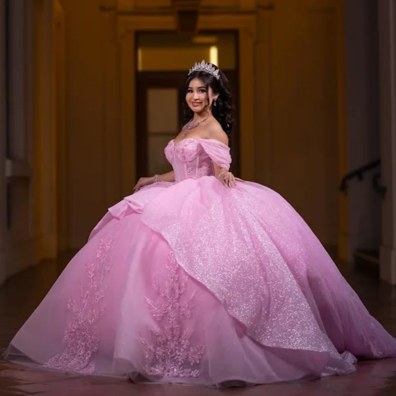 

Shiny Pink Quinceanera Dress off-shoulder glitter decal Lace 3D flower Tull tail vestidos de 15 Quinceanera ﻿Customized