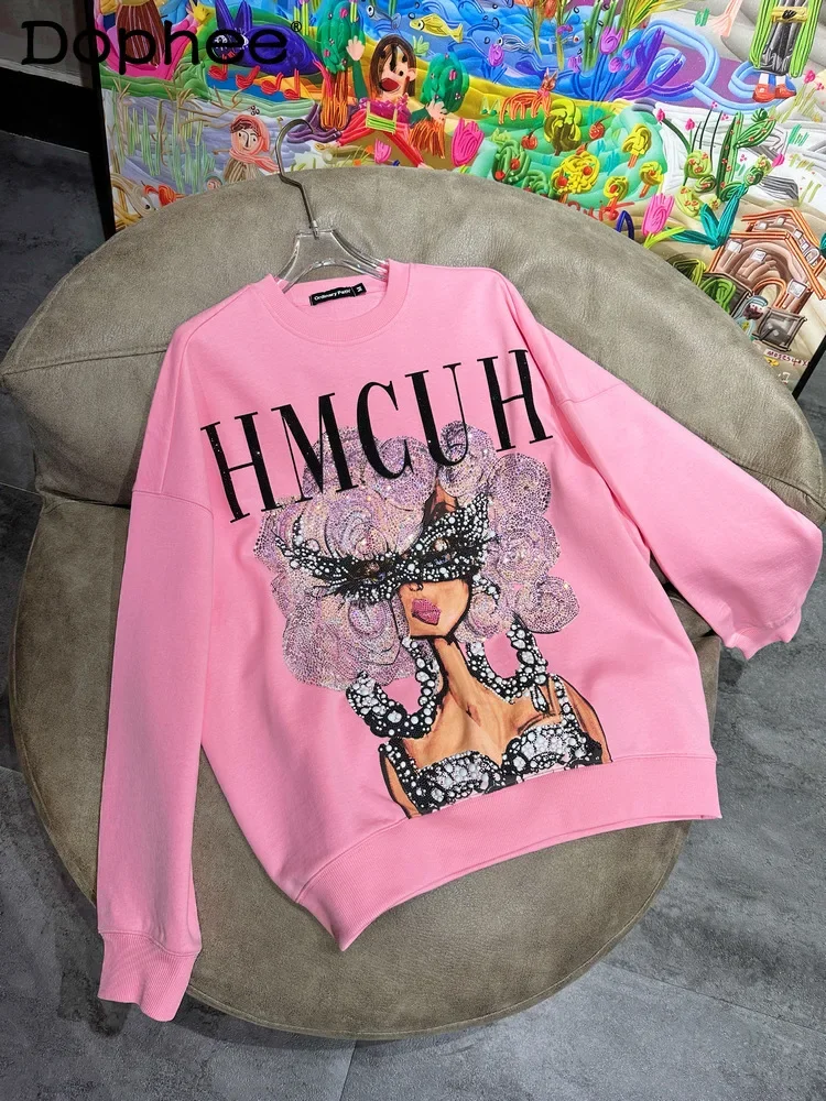 Pink Oversize Sweatshirts Female 2024 Spring and Autumn High-end Hot Diamond Round Neck Beautiful Woman Loose Trend Top