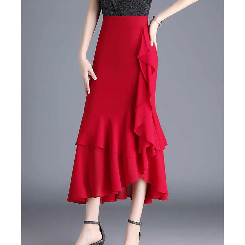 

Summer New Loose Office Lady Elastic High Waist Skirts Elegant Solid Color Spliced Irregular Ruffles Skirts Women Clothing 2025