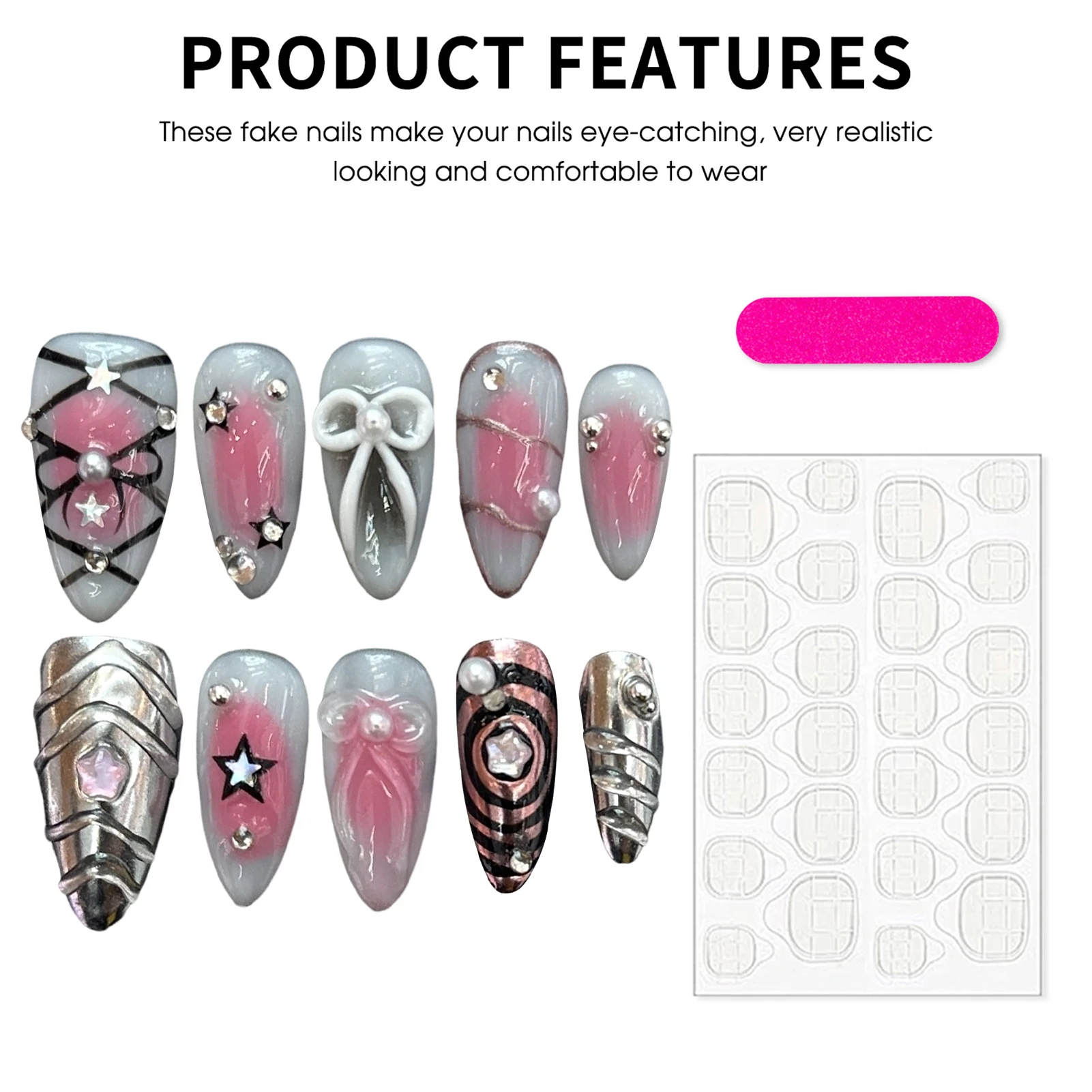 10 szt. Paznokci Y2k z Kokardkami, Naklejane Paznokcie w Stylu Metalowym, Ręcznie Malowane Kokardki, Różowy Pudrowy Migdał, Słodkie, Fajne, Ręcznie Robione Sztuczne Paznokcie