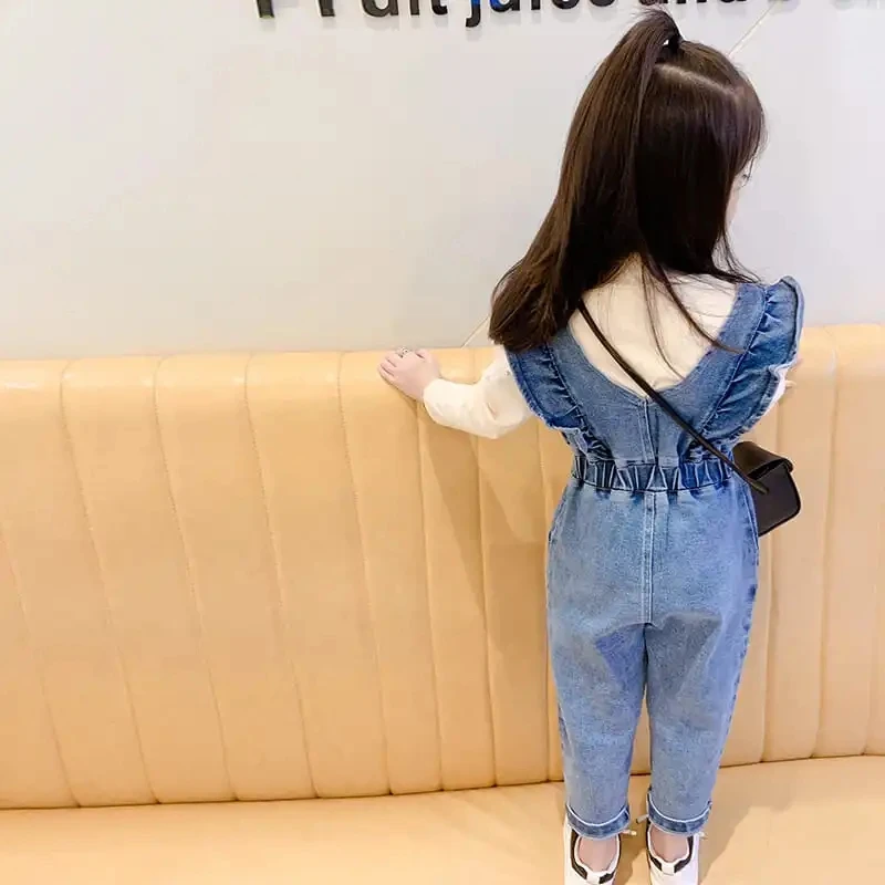 1 Piece Girls\' Denim Jumpsuits 2021 Spring Autumn New Trousers Children\'s Ruffles Overalls Girl Fashion Loose Denim Suspenders