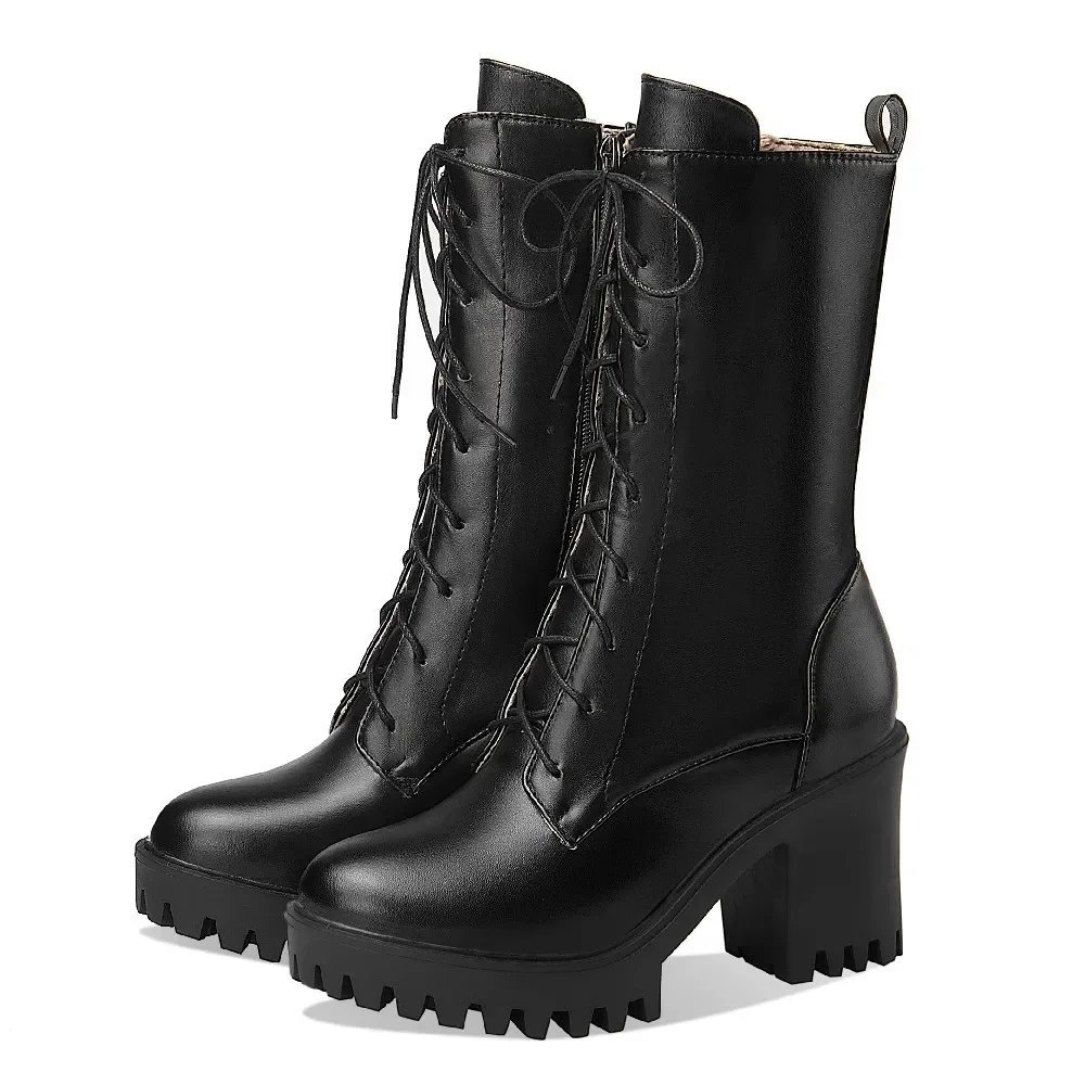 

Winter Women Mid-calf Platform Boots High Thick Heels White Black Party Office Dress Ladies British Round Toe Zipper Half Boots