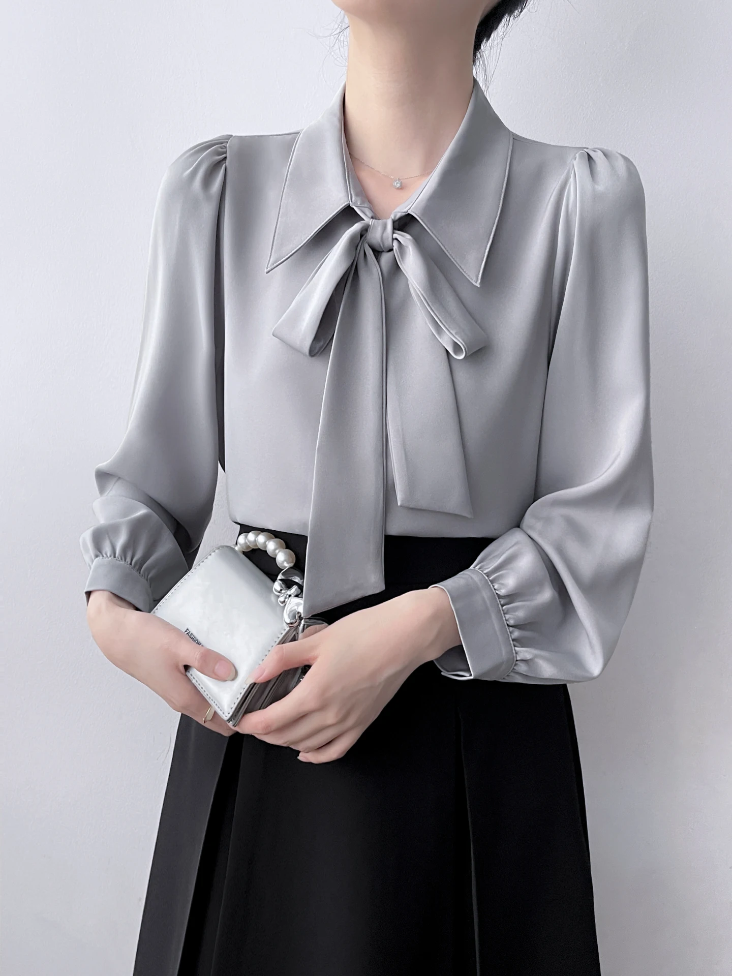 

Korean Sle Silk Satin irt Women's Formal Long Sve Knot Interview Top Ele Commuting Workwear