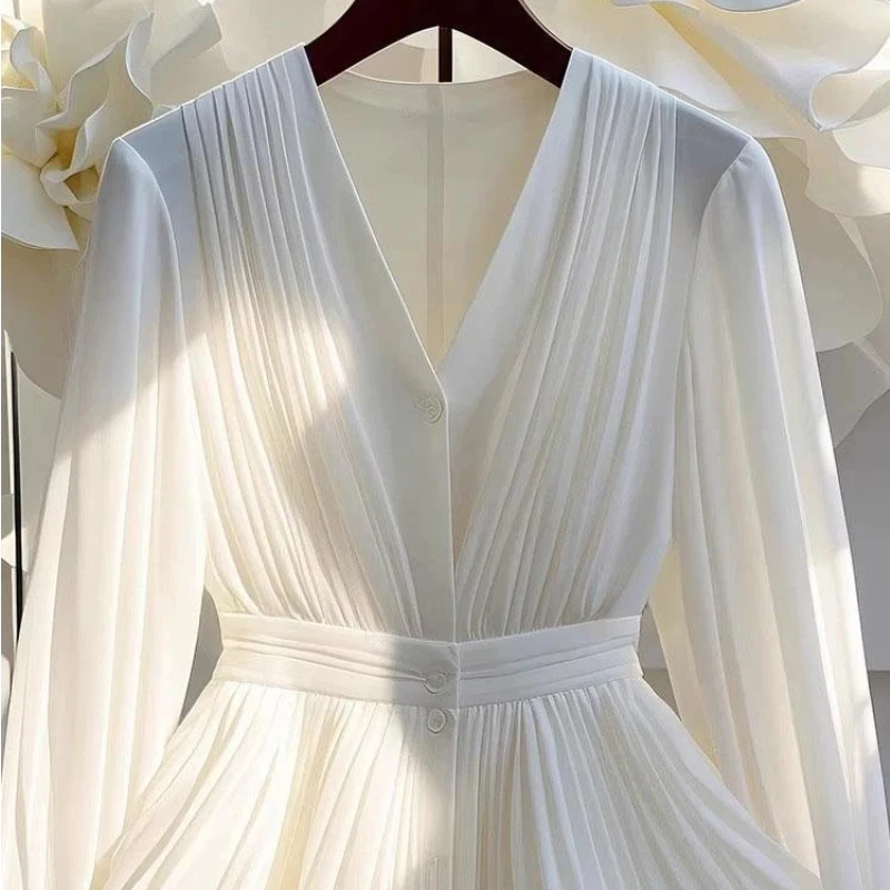 New Temperament V Neck Pleated White Blouse Women Clothing Long Sleeve Solid All-match Elegant Shirt Tops Fashion High Street