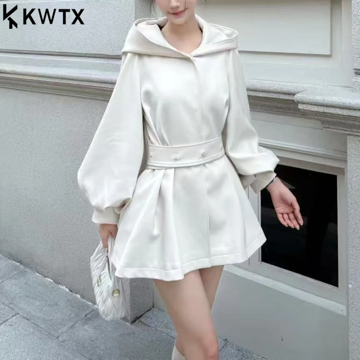 

KWTX Elegant Long Hooded Trench Coat Women's Fall Winter Fashion Oversized Belted Waist Windbreaker Casual Streetwear Chic