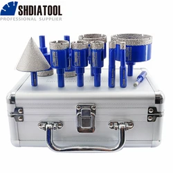 SHDIATOOL 11pcs Diamond Drilling Milling Bits Kit 6/8/10/20/25/28/32/35/45/65mm Triangle Shank Drill Crowns+50mm Chamfer Taper